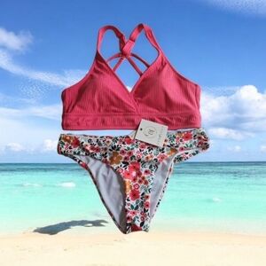 CYN & LUCA BIKINI cheeky Bottom XL NWT Top U Size L HOT PINK FLORAL